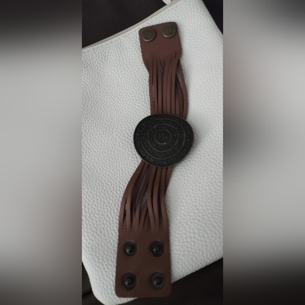 Brown Faux Leather Cuff Bracelet w/ Large Embossed Medallion | Boho Statement